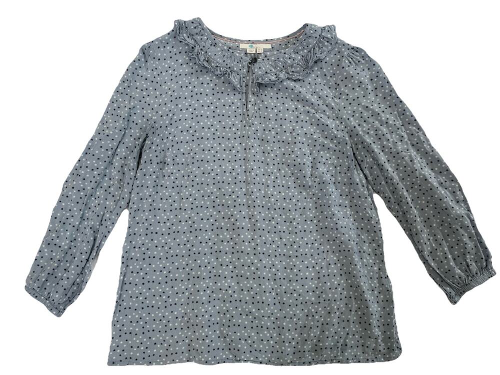 Boden Blue Star Print Ruffle Round Neck Button Woven Viscose Blouse Women's 8